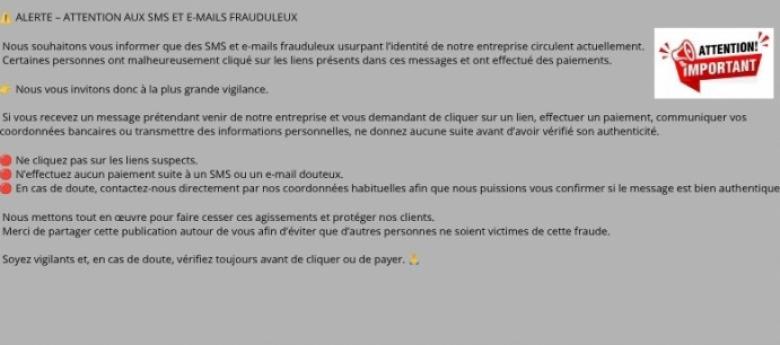⚠️ ALERTE – ATTENTION AUX SMS ET E-MAILS FRAUDULEUX